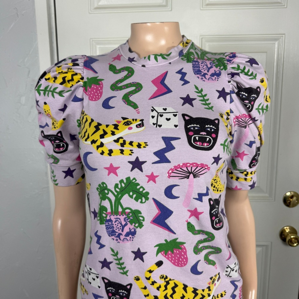 Vintage Nooworks Shirt XS Tee Floral Hastings Print Cotton Mushroom Puff top E3 - Picture 2 of 6